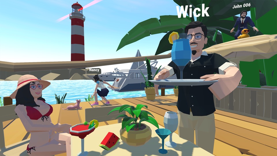 Official promotional scene of players at a waterfront table with a lighthouse behind them.