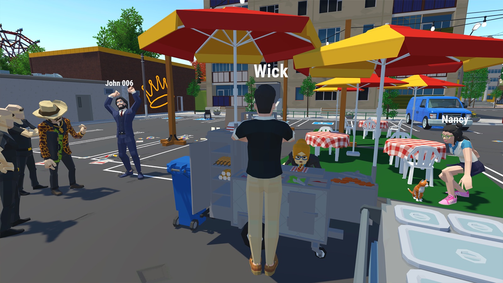 Official promotional scene of players around a hot dog cart with red and yellow umbrellas.