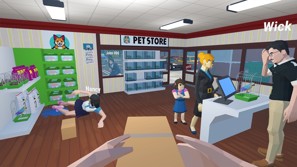 Official promotional screenshot inside a pet shop, showing the counter and animal enclosures.